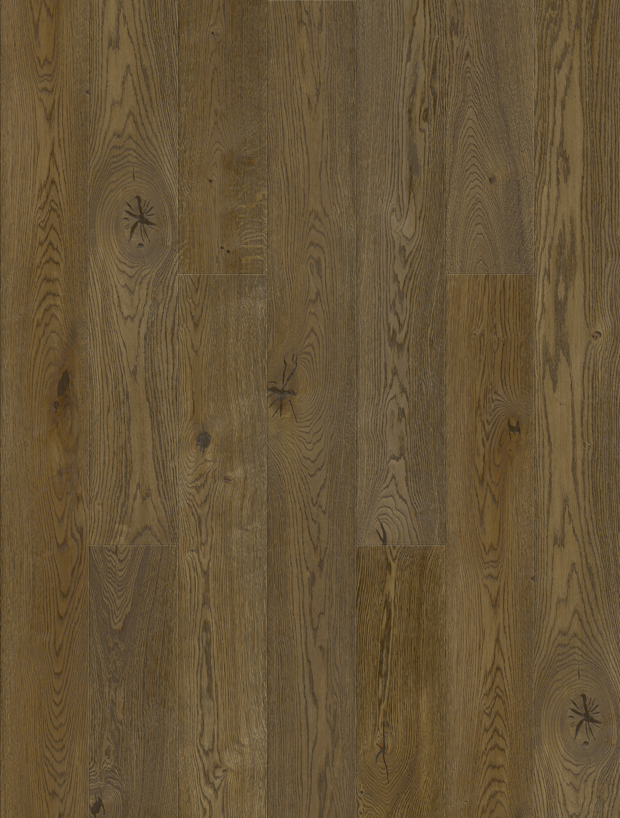 Detaillierte Aufnahme von rustikalem Eichenparkett mit auffälliger Holzmaserung und Astknoten.