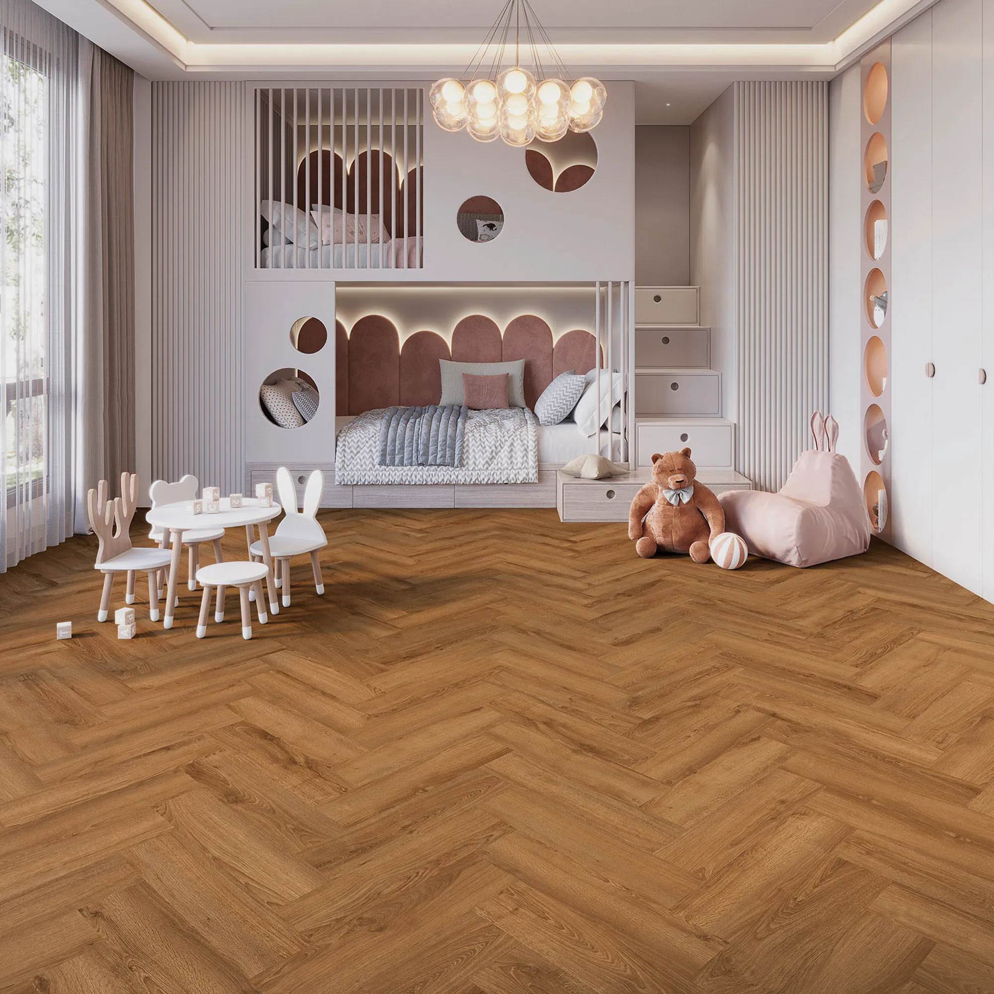 DESIGN 555 Wooden Evolut Herringbone (Fischgrät) Click - 105 Cognac Oak EIR