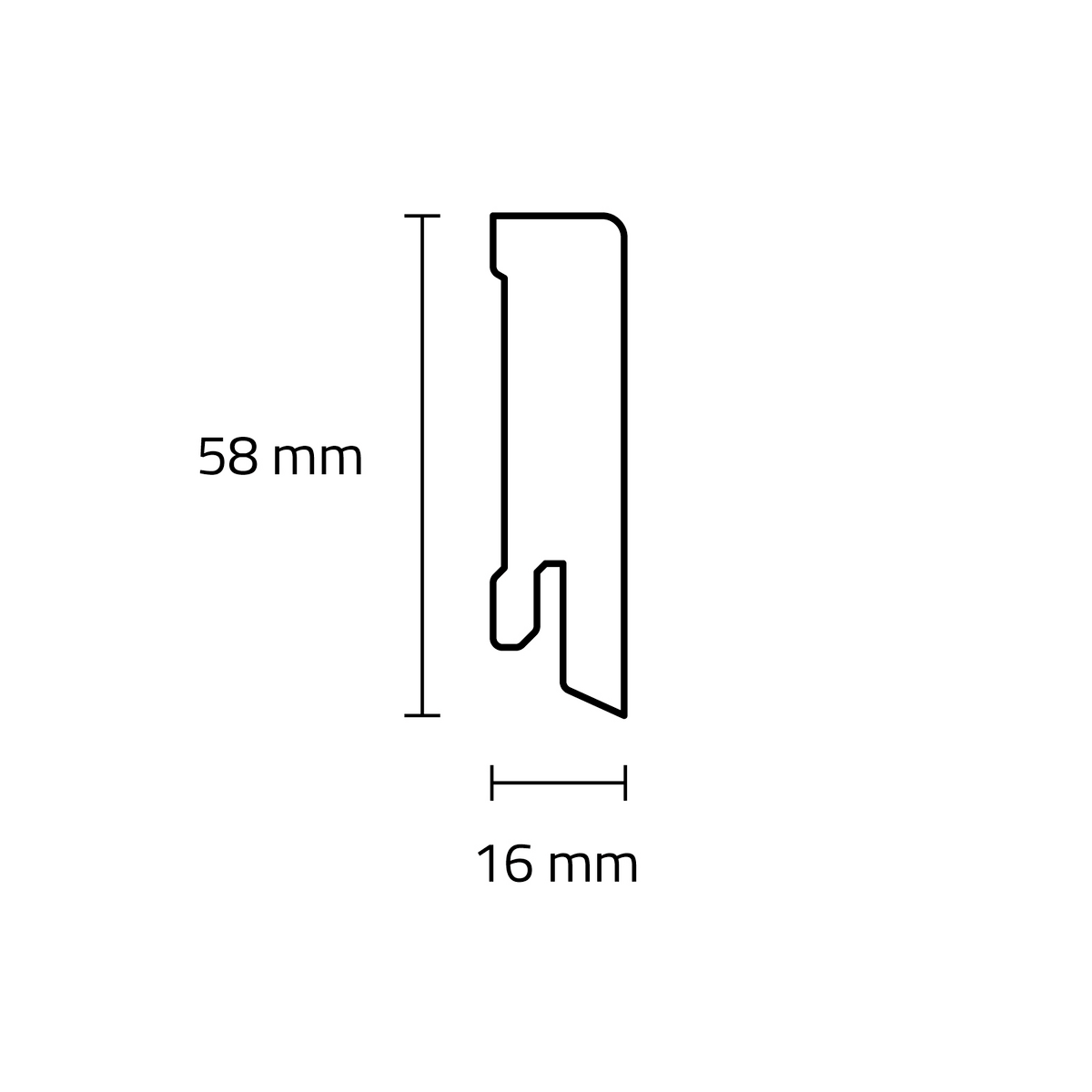 Technische Zeichnung eines Profils mit den Maßen 58 mm Höhe und 16 mm Breite