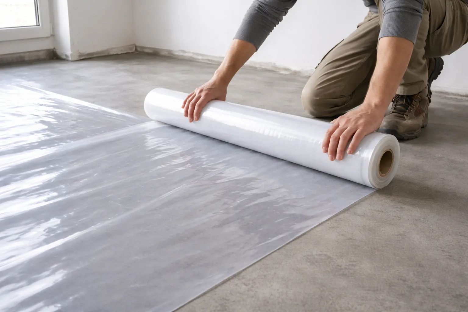 Handwerker rollt transparente PE Folie auf grauem Beton Estrichboden in leerem Raum aus, Nahaufnahme bei Tageslicht, Vorbereitung für Bodenverlegung.
