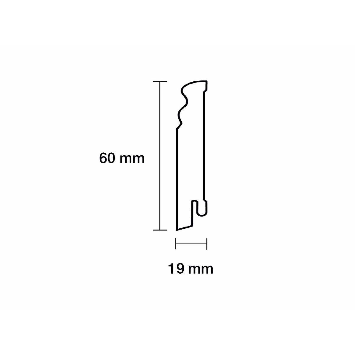 Illustration eines Leisten-Profils mit den Abmessungen 60 mm in der Höhe und 19 mm in der Breite
